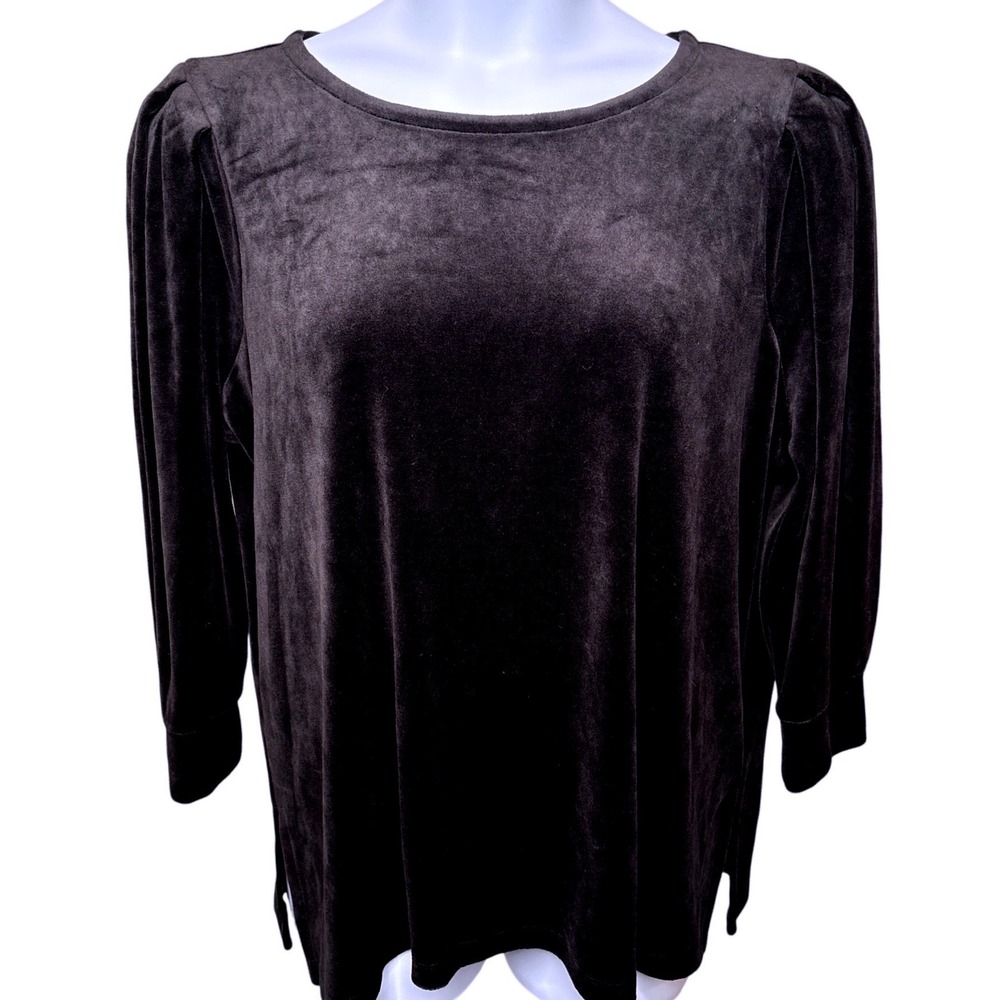 NWT TALBOTS Black Velour Puff Sleeve Top 2XP Crew Neck Side Slit Pullover Preppy